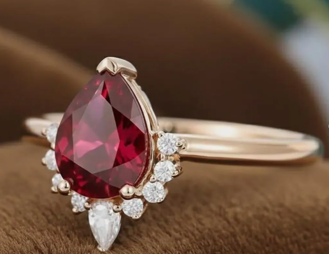 Garnet Ring, Pear Engagement Ring, 14K Gold Pear & Round Cluster Wedding Ring, Red Gemstone Solitaire Ring, Anniversary Gift Ring For Wife