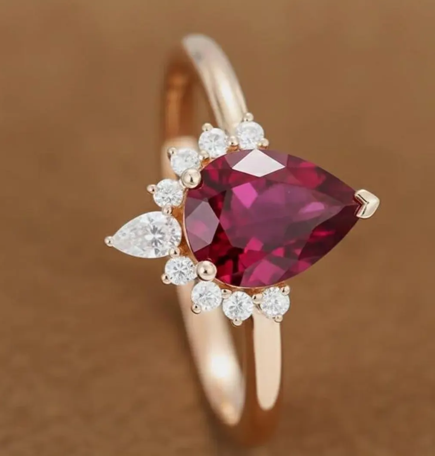 Garnet Ring, Pear Engagement Ring, 14K Gold Pear & Round Cluster Wedding Ring, Red Gemstone Solitaire Ring, Anniversary Gift Ring For Wife