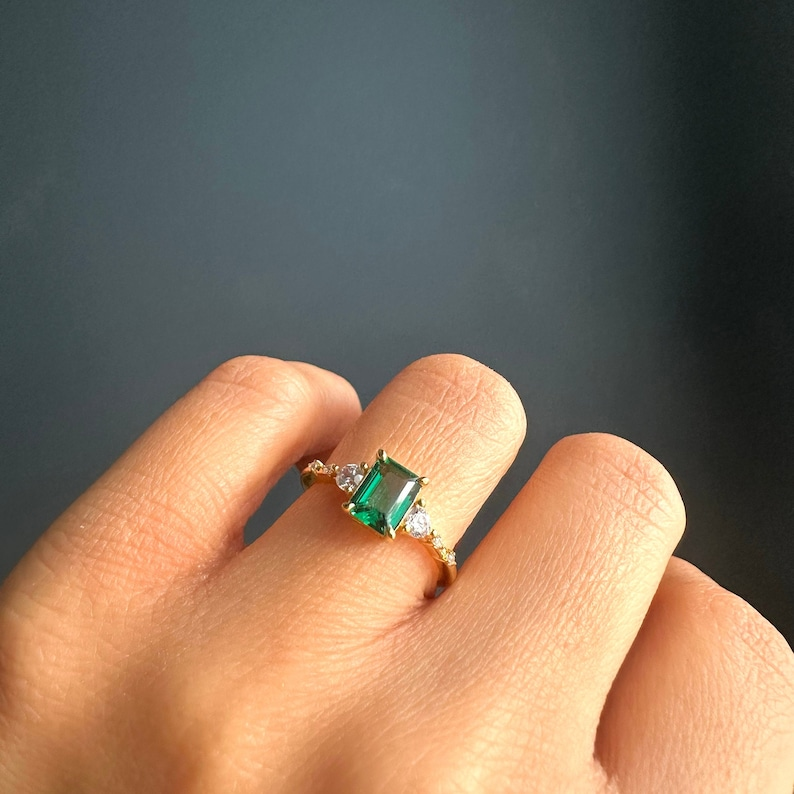 Genuine Emerald Gold Ring, 14K Gold Vermeil Lab Emerald Engagement Ring, Statement Ring, Birthday gift for her