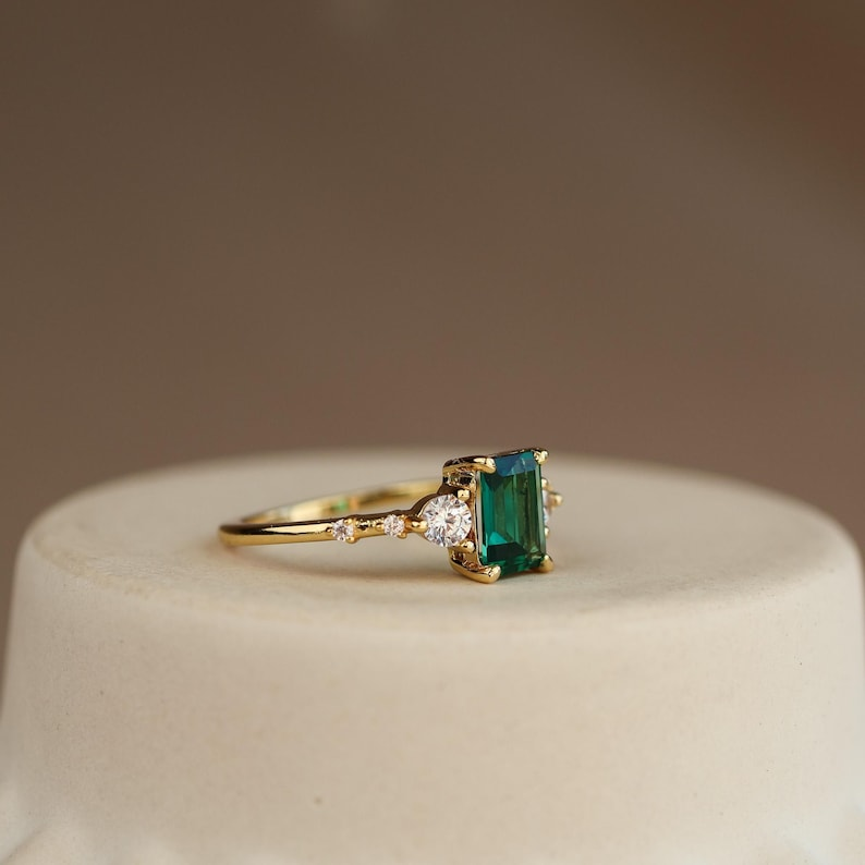 Genuine Emerald Gold Ring, 14K Gold Vermeil Lab Emerald Engagement Ring, Statement Ring, Birthday gift for her