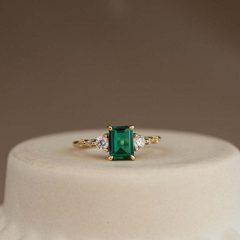 Genuine Emerald Gold Ring, 14K Gold Vermeil Lab Emerald Engagement Ring, Statement Ring, Birthday gift for her